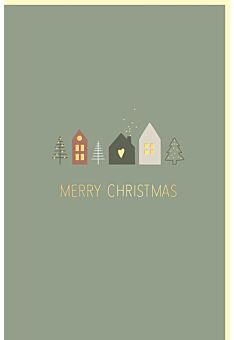 Weihnachtskarte grün hochwertig kleine Häuser und Bäume