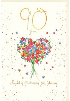 Geburtstagskarte 90 Jahre Blumenstrauß in Herzform, Naturkarton, mit Goldfolie und Blindprägung