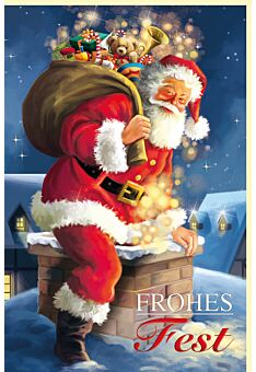 Weihnachtskarte nostalgie Weihnachtsmann Geschenke Schornstein