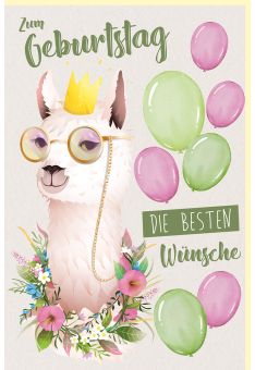 Geburtstagskarte Lama mit Krone, Brille und Blumenkranz, Luftballons