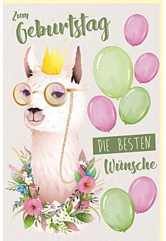 Geburtstagskarte Lama mit Krone, Brille und Blumenkranz, Luftballons