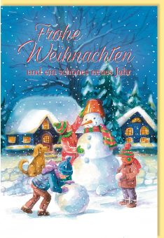 Weihnachtskarte Nostalgisch Kinder bauen Schneemann, nostalgisch