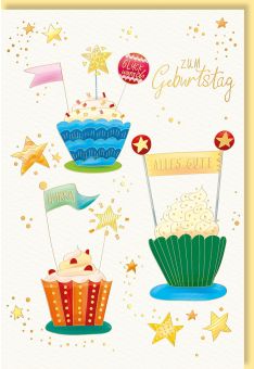 Geburtstagskarte mit Prachtvollen Cupcakes, Glitzernden Sternen & Wünschen in Folien- und Blindprägung
