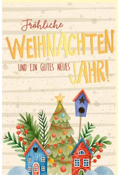 Weihnachtskarte aus Zuckerrohrpapier kleine Holzhäuser