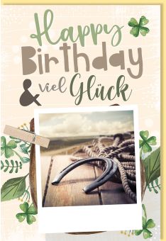 Glückwunschkarte Geburtstag Hufeisen, Kleeblätter, Naturkarton, mit Stanzteil und Magnetklammer