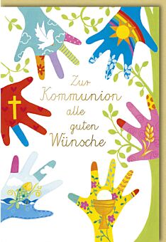 Karte Glückwunsch Kommunion sechs Hände Symbole Kirche