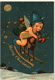 Weihnachtskarte nostalgisch Merry Christmas Engel auf Schaukelpferd