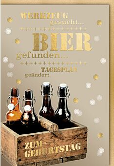 Geburtstagskarte für Männer Vier Bierflaschen im Holzträger