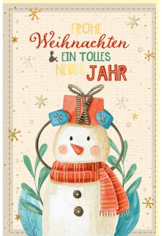 Weihnachtskarte aus Zuckerrohrpapier Schneemann mit Schal Schneeblumen und Geschenk