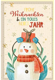 Weihnachtskarte aus Zuckerrohrpapier Schneemann mit Schal Schneeblumen und Geschenk