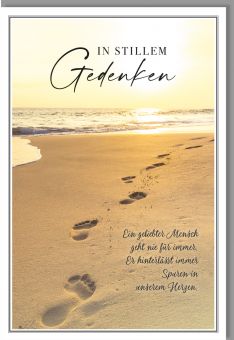 Trauerkarte Fußspuren im Sand, Text In Stillem Gedenken