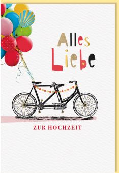 Glückwunschkarte Hochzeit Tandem mit bunten Luftballons, Naturkarton, mit Goldfolie