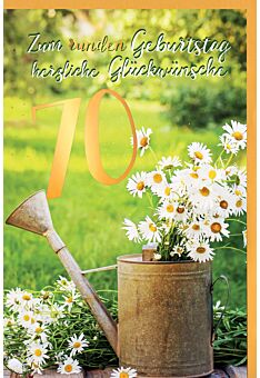 Geburtstagskarte 70 Jahre Gänseblümchen im Becher, mit Goldfolie