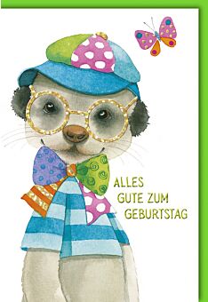 Geburtstagskarte für Kinder Erdmännchen mit Kappe auf Naturkarton