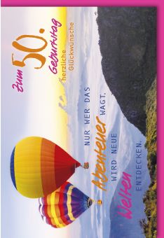 Geburtstagskarten 50 Farbenfrohe Heißluftballon-Aufbruch zum 50. Jubiläum – Entdecke neue Horizonte