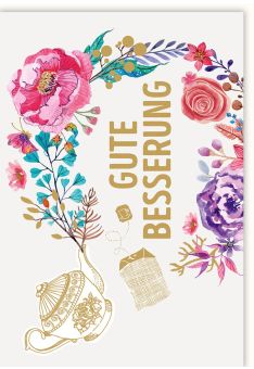 Genesungskarte Illustration Teekanne und Blumen Gute Besserung