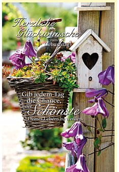 Geburtstagskarte Sommer auf dem Land Vogelhaus, Korb mit Blumen