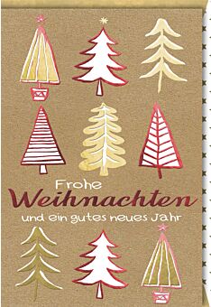 Weihnachtskarte schön Spruch Frohe Weihnachten und ein gutes neues Jahr 6 Weihnachtsbäume Kraftpapier