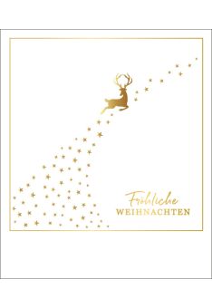 Weihnachtspostkarte Fröhliche Weihnachten Rehntier Sterne Goldfolie