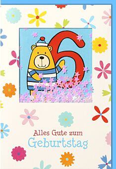 Geburtstagskarte für Kinder 6. Geburtstag - Bär mit blau-gestreiften Anzug