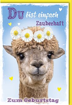 Glückwunschkarte Geburtstag Alpaka mit Blumenkranz