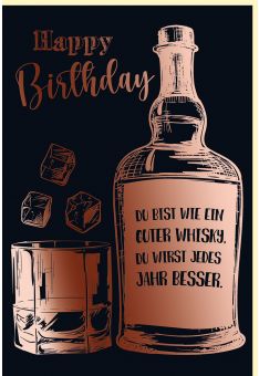 Geburtstagskarte für Männer Whiskyflasche und Glas, mit roségoldener Metallicfolie