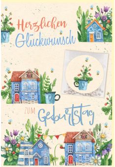 Glückwunschkarte Geburtstag Häuser, Blumen, Zuckerrohrpapier, Samentütchen mit Aufkleber
