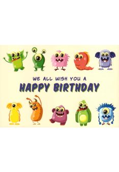 Geburtstagspostkarte We all wish you a Happy Bithday Monster