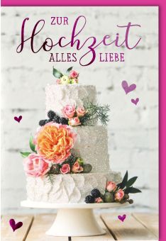 Hochzeitskarte Glückwünsche Hochzeitstorte Herzen lila