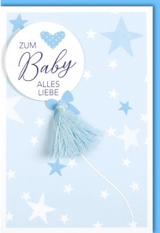 Glückwunschkarte Baby Junge blau Applikation und Folienprägung