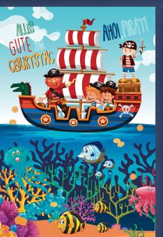 Kindergeburtstagskarte Piratenschiff, Fische und Korallen, mit Goldfolie