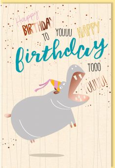Glückwunschkarte Geburtstag Nilpferd mit Partyhut, Zuckerrohrpapier