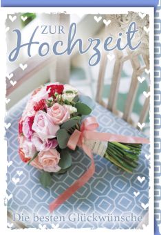 Hochzeitskarte Spruch Brautstrauß mit Rosen und rosa Band