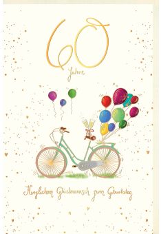 Geburtstagskarte 60 Jahre Fahrrad mit Sektgläsern und bunten Luftballons, Naturkarton, mit Goldfolie und Blindprägung