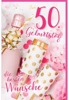 Geburtstagskarte 50 Piccolo-Flasche mit Strohhalm, Tischraketen