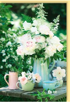Grußkarte blanko Motiv Blumen in Tassen und Krügen