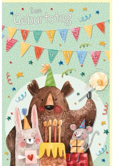 Geburtstagskarte Kindergeburtstag Motiv Kuchen mit Bär, Maus und Katze