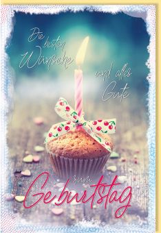 Glückwunschkarte Geburtstag Muffin mit brennender Kerze und Schleife