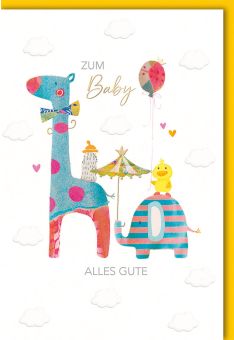 Glückwunschkarte zur Geburt Zum Baby, Giraffe und Elefant