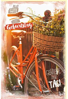 Geburtstagskarte Glücksmomente Fahrrad mit Blumenkorb am Lenkrad