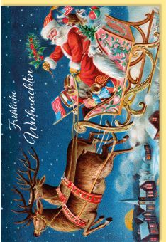 Weihnachtskarte Nostalgisch Rentierschlitten mit Weihnachtsmann