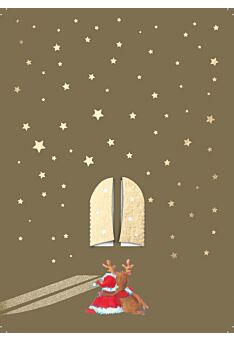 Weihnachtspostkarte Goldfolie Fenster zum Ausklappen / Engel Rentier