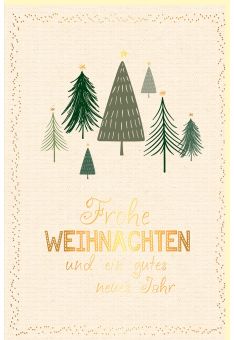 Weihnachtskarte aus Zuckerrohrpapier mit Goldfolie 7 Tannenbäume