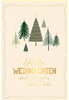 Weihnachtskarte aus Zuckerrohrpapier mit Goldfolie 7 Tannenbäume