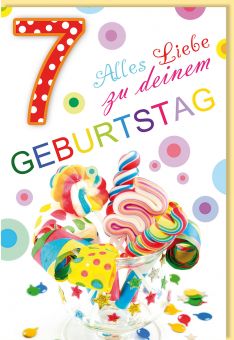 Geburtstagskarten 7 Jahre für Kinder Mit Süßigkeiten und Papiertröten gefülltes Glas