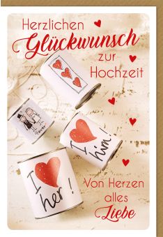 Glückwunschkarte Hochzeit mit Dosen und Herzen zur Hochzeit - von Herzen alles Liebe