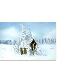 Weihnachtskarte Traditionell Weihnachten - Schneelandschaft Feldkreuz Mit Christusfigur