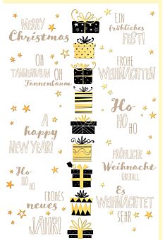 Weihnachtsgrußkarte Geschenke gestapelt gold und schwarz hochwertig
