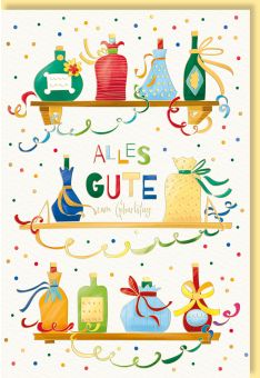 Geburtstagskarte: Farbenfrohe Parfümflaschen mit Folien- und Blindprägung auf Naturkarton