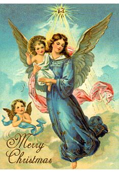 Weihnachtspostkarte Engel und zwei Kinder